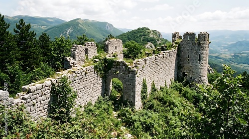 Ancient Stone Castle Ruins Perched High on a Mountain Ridge.