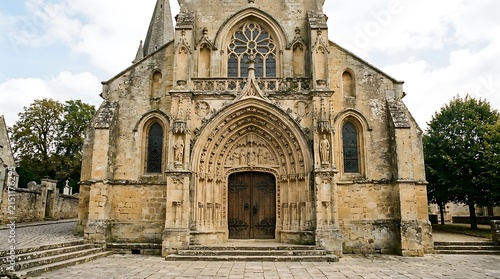Ancient Stone Church Facade with Romanesque Architecture and Intricate Portal.