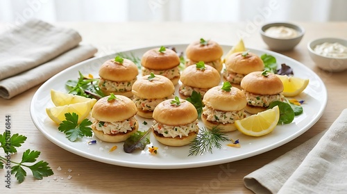 Mini tuna burgers on a serving plate with fresh herbs. mini crab sliders