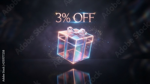 3% OFF glowing holographic gift box for luxury ecommerce sale and retail promotion banner