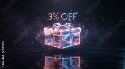 Glowing 3D holographic gift box with 3 percent discount text for ecommerce sale promotion