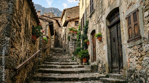 Charming narrow stone staircase in an ancient Mediterranean village.