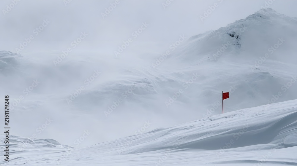 Fototapeta premium Snowy mountain pass with red trail marker