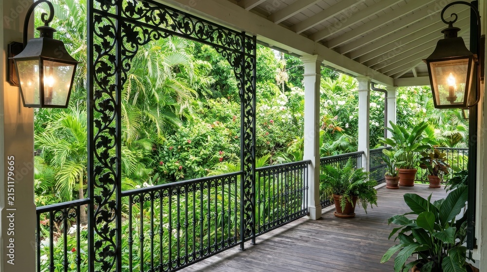 Fototapeta premium Lush Greenery and Elegant Porch with Decorative Lanterns at Home