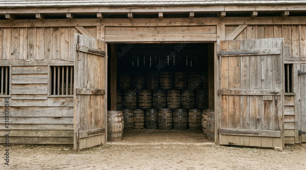 Naklejka premium Rustic wooden barn with barrels in a historic countryside setting
