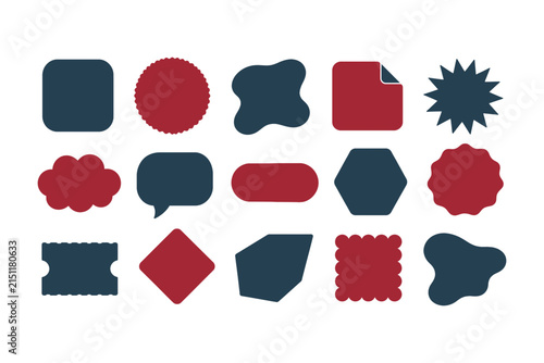 Set of flat geometric shapes and badges in red and dark blue colors