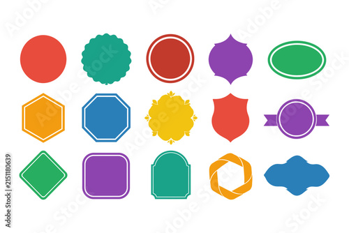 Set of colorful flat vector badges and geometric shapes for design labels