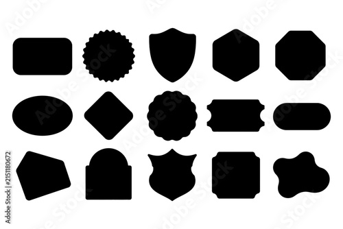 Set of various black shapes and blank labels isolated on white background