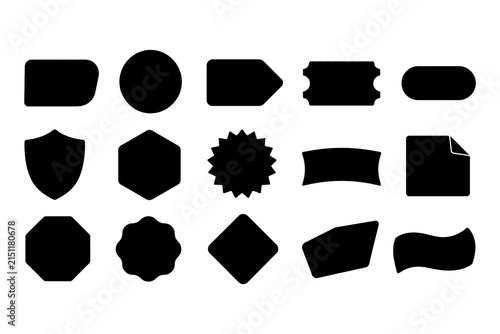 Set of black blank labels and badges shapes on a white background