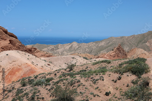 Skazka Fairy Tale Canyon and Issyk-Kul Lake in Kyrgyzstan, Central Asia