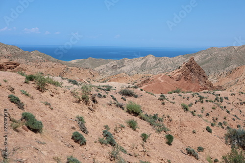 Skazka Fairy Tale Canyon and Issyk-Kul Lake in Kyrgyzstan, Central Asia