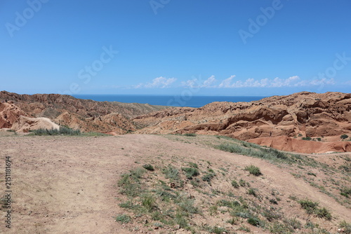 Skazka Fairy Tale Canyon and Issyk-Kul Lake in Kyrgyzstan, Central Asia