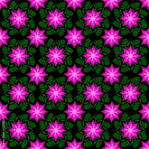 Seamless pattern of pink flower on green leaves for background, wallpaper, card, scene.