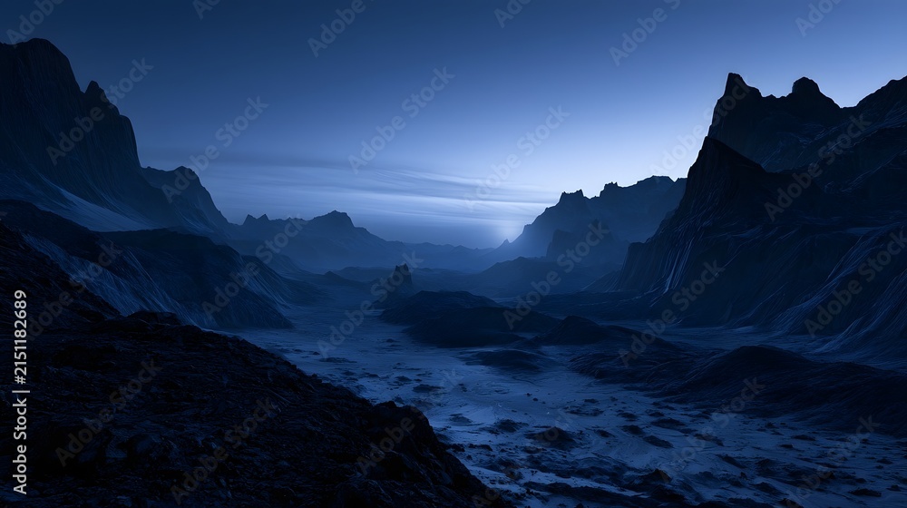 Obraz premium Sweeping view of a jagged glacial valley at twilight with cold silver highlights