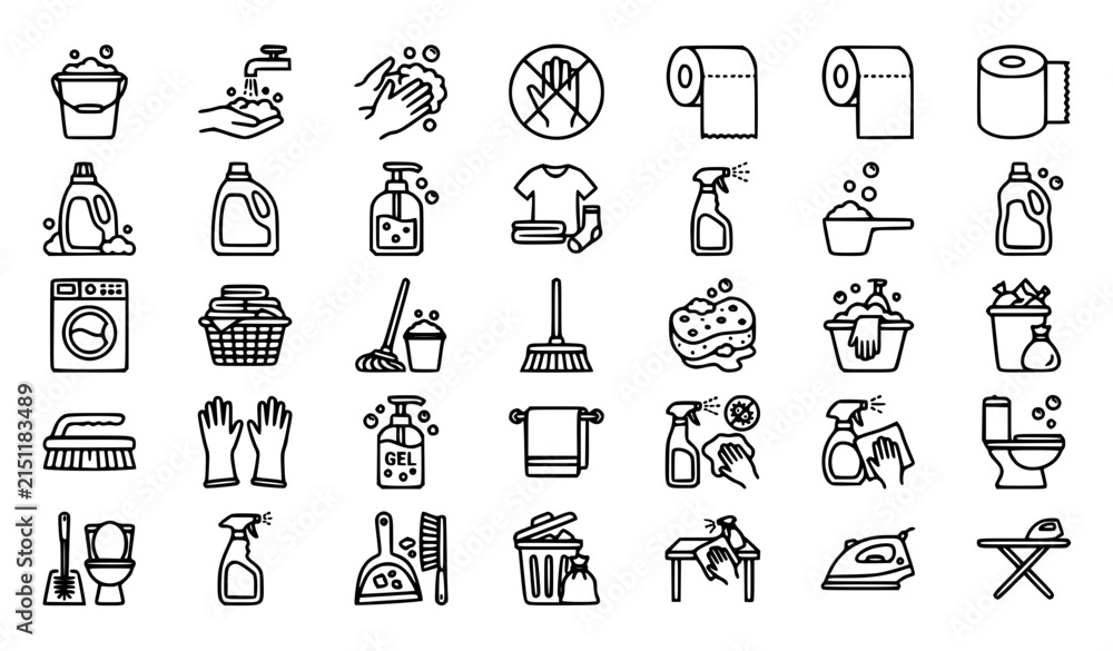 Fototapeta premium Black and White Household Cleaning and Hygiene Outline Icon Collection
