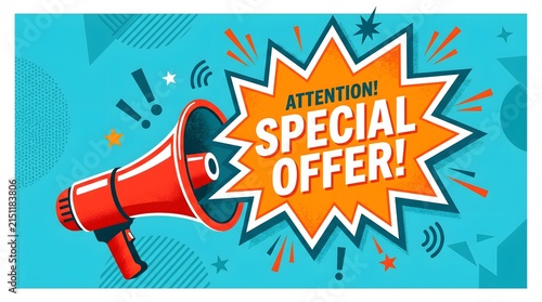 Red megaphone and special offer text on a colorful comic style banner