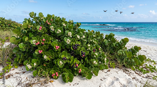 Sea grape plant with vibrant berries and white flowers growing on sandy tropical beach shores