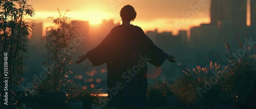 Contemplative silhouette of person watching golden sunset
