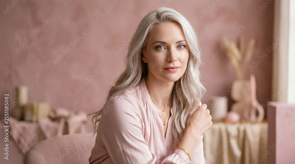 Fototapeta premium Beautiful blonde woman with long hair wearing pink shirt sitting in soft focus room