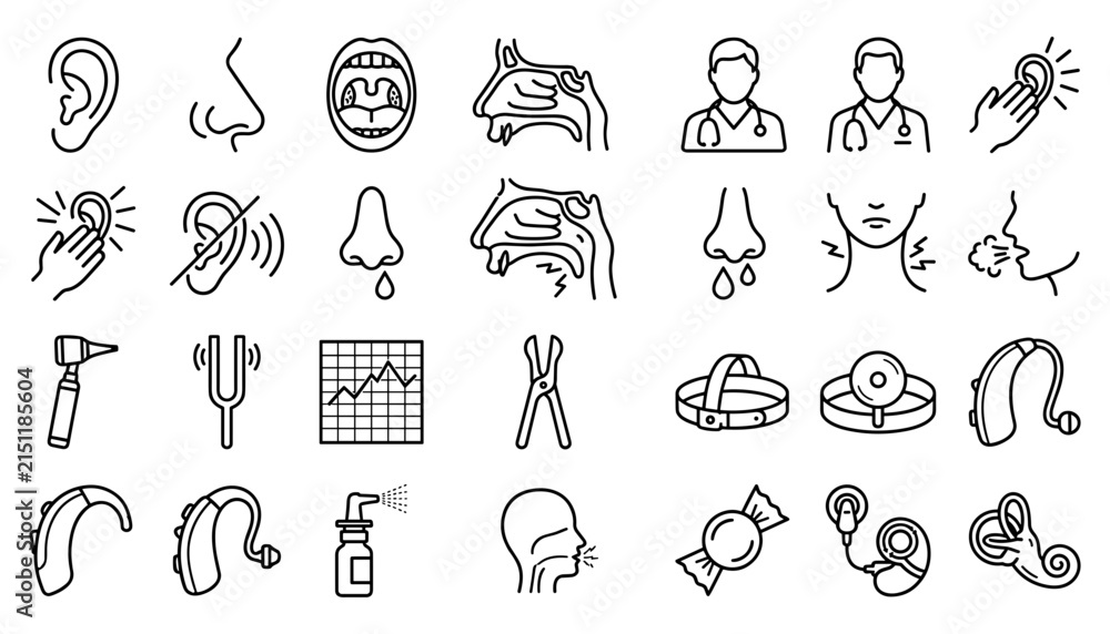 Fototapeta premium Otolaryngology ENT Medical Line Icon Set with Ear Nose Throat Doctor Hearing Aid and Diagnostic Tools for Healthcare Apps and Website Designs