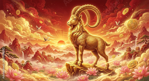 Cloisonne Golden Ram of Fortune: Auspicious Chinese New Year Scene with Lotus Flowers