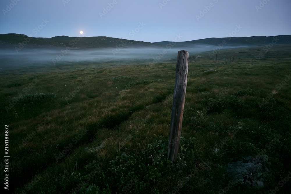 Fototapeta premium Alpine tundra at twilight with ground fog and boundary post
