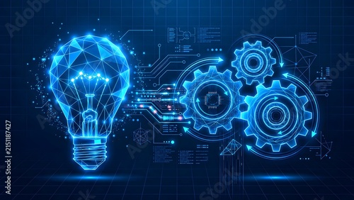 Digital innovation concept featuring glowing wireframe lightbulb and gears representing smart technology solutions