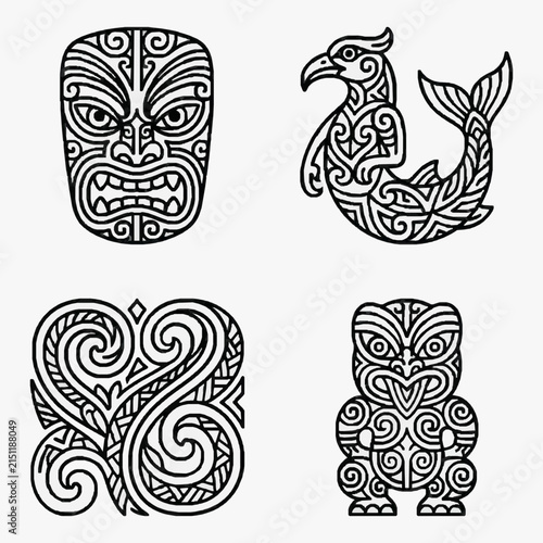 Set of four Maori-style vector illustrations featuring a detailed tiki mask, mythical Manaia creature, abstract koru spiral motifs, and a full tiki figure in black line art.