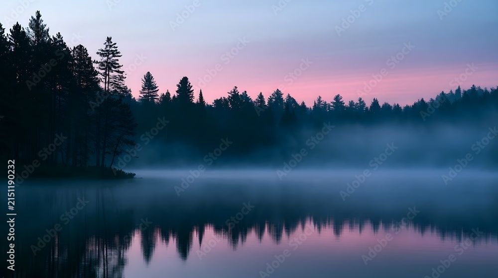 Fototapeta premium Serene mountain lake at dawn with mist and pine silhouettes