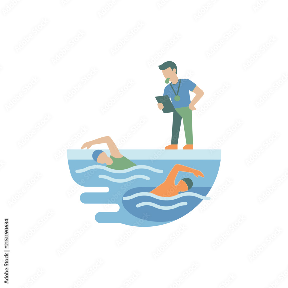 Fototapeta premium Swimming Coach Watching Athletes Train in Pool, Sports Training, Healthy Lifestyle, Isolated on Transparent Background