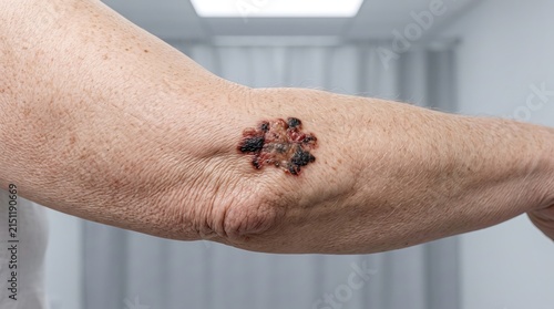 Close up of suspicious dark mole on human arm symptoms of melanoma or skin cancer