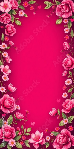 Whimsical floral border with tiny Cupid's hearts, vintage, decorative