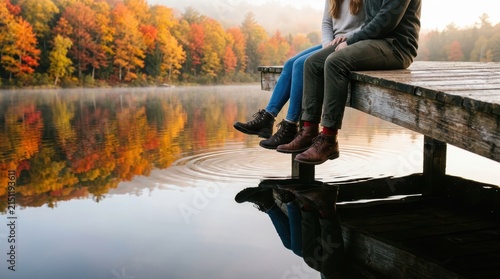 Two people wearing boots sit on a wooden dock their reflections visible in the calm water beneath autumn trees