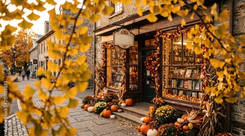 Charming bookstore entrance decorated with pumpkins and autumnal foliage