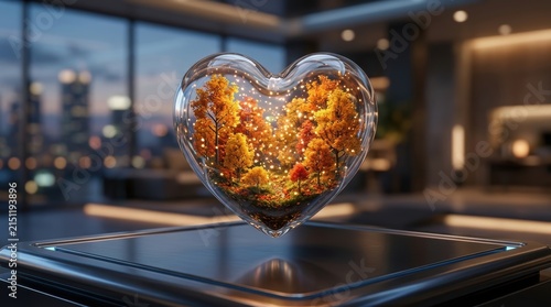 Heart shaped glass orb containing a miniature autumnal forest with glowing lights