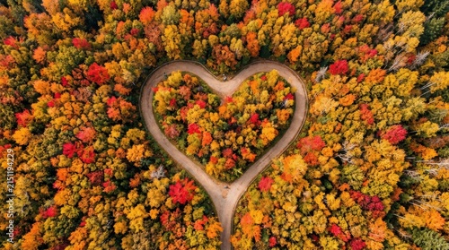 Aerial view of a heart shaped road winding through a forest in vibrant autumn foliage
