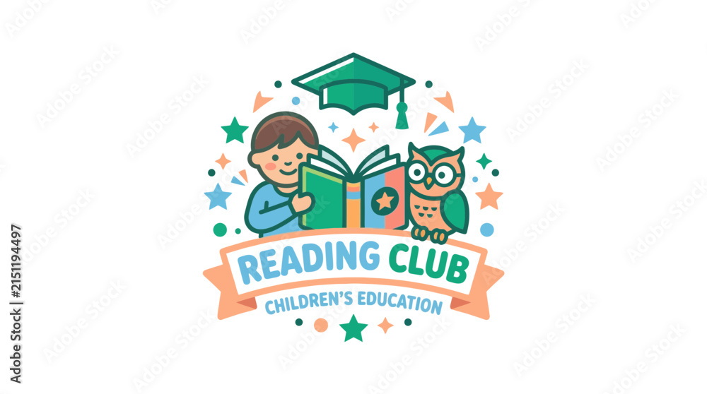Naklejka premium Childrens Reading Club Logo featuring Boy and Owl with Graduation Cap for Education Brand Identity
