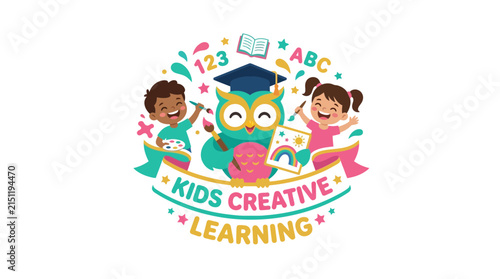 Colorful Children Education Logo with Cute Owl and Happy Kids Painting for Creative Learning Brand