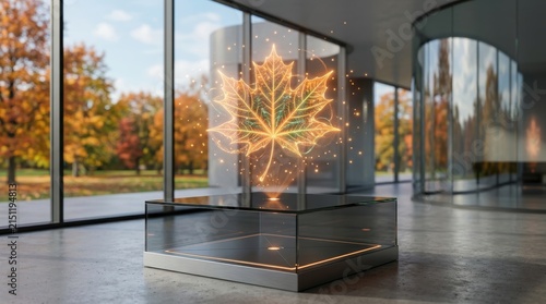 Glowing digital maple leaf hologram hovering above a modern display case