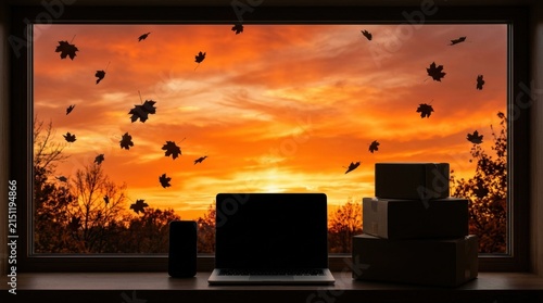 Silhouette of a laptop smartphone and stacked boxes framed by a window with falling leaves against an orange sunset sky