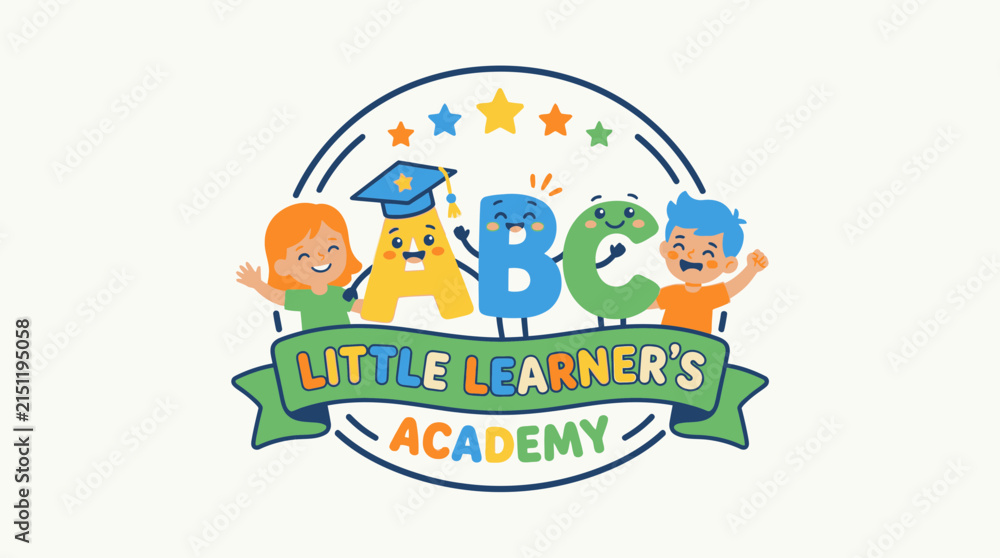 Naklejka premium Cute Education Brand Logo for Little Learners Academy Featuring ABC Characters and Happy Children