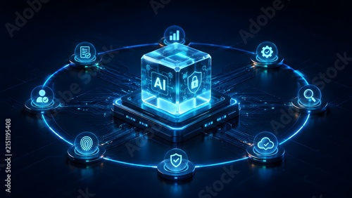 Artificial Intelligence (AI) powered ecosystem showcasing interconnected digital services and robust cybersecurity measures in a futuristic network environment.