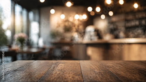 Warmly lit cafe interior with bokeh lights and a wooden table in the foreground, cozy atmosphere, ideal for food and beverage concepts
