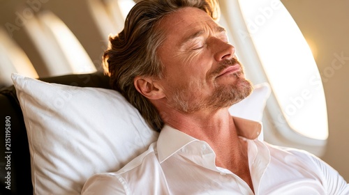 Man rests peacefully on airplane seat