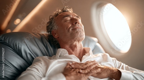 Man rests peacefully in a private jet cabin