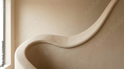 Modern beige curved staircase railing shows smooth plaster finish with minimalist aesthetic and organic flowing lines in soft natural light