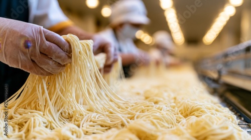 Hands gently lift fresh, golden noodles in a bright factory