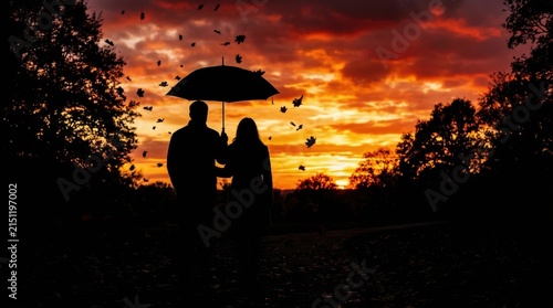 Silhouetted couple holding an umbrella with falling leaves against a vibrant sunset sky