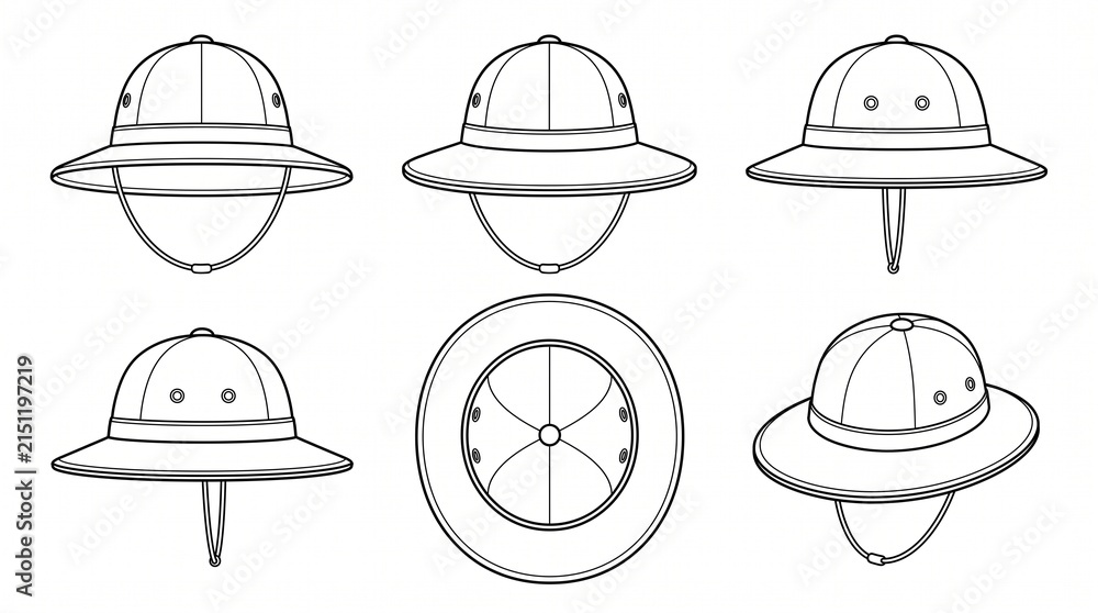 Fototapeta premium Pith Helmet Safari Hat Technical Vector Illustration Set, Explorer Sun Hat Outline Line Art in Multiple Views