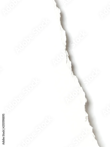 Vertical torn white paper from top to bottom template with shadow against white background